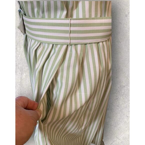 Vintage Penbrooke Lane Dress Womens 10 Green White Striped Button Up Belted Midi - Picture 8 of 12